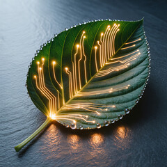 Green leaf with glowing circuitry and water droplets technology