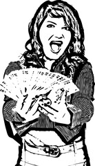 Ecstatic woman giving Romanian banknotes