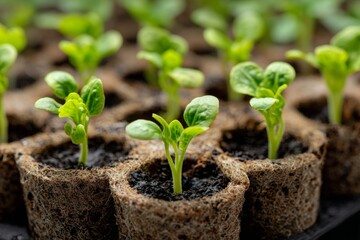 Sprouts are emerging from soil pockets in a vertical planter, indicating the initial stages of growth. This close-up highlights the vibrant greenery and healthy development of seedlings