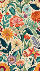Vector art of a vibrant and colorful floral pattern featuring a variety of blooming flowers and lush green leaves on a light cream background