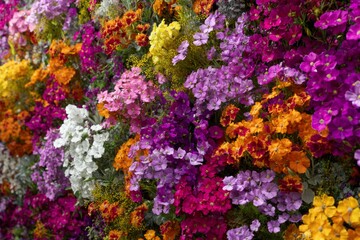 Obraz premium A lush array of edible flowers flourishes in a vertical garden, revealing intricate textures and vibrant hues. This close-up captures the beauty of nature in breathtaking clarity
