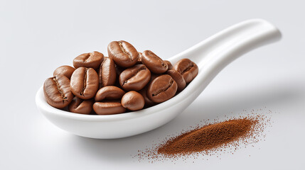 Coffee beans in white ceramic spoon, white background, fine powder texture, clean food photography,food and drink.