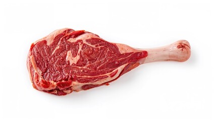 Obraz premium Raw bone-in steak with marbling detail placed on a white background with ample copy space for text inclusion