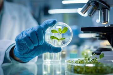Scientist examining a plant sample in a petri dish under laboratory conditions