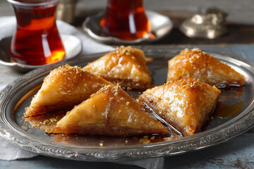 Close up of baklava pastries on a silver platter with tea in the background