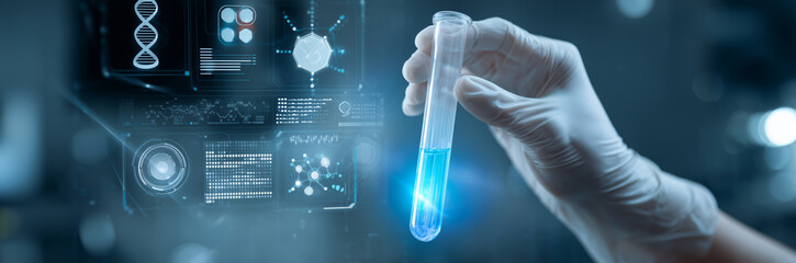 Scientist holding a test tube with glowing blue liquid, with a digital interface displaying scientific data in the background.