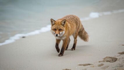 Red fox walking along sandy beach edge with gentle waves and footprints visible in the sand