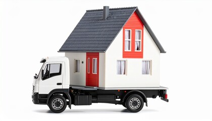 A white flatbed truck transports a small red-and-white house with vivid symmetry&mdash;its red roof and matching doors echo the theme of mobile shelter, while the unlikely pairing conjures surreal notions o