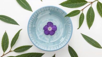 Wild purple flower displayed in a decorative bowl with leaves on an unblemished white background