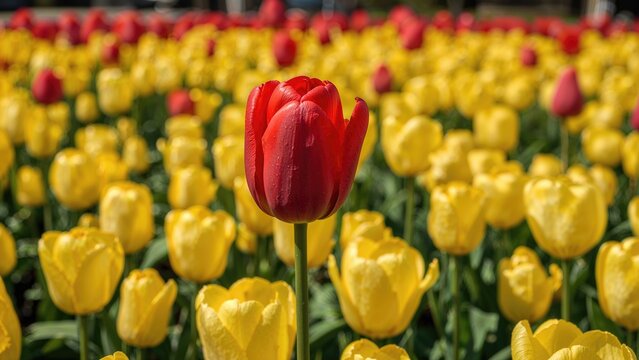 Vivid red tulip flowers flourishing among yellow tulip blooms in a colorful meadow - Powered by Adobe