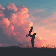 silhouette of father lifting his daughter joyfully against a pastel sky, glowing light and space in the sky for writing, peaceful and inspiring