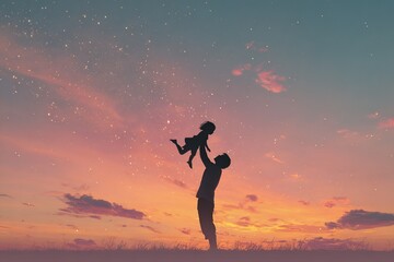 silhouette of father lifting his daughter joyfully against a pastel sky, glowing light and space in the sky for writing, peaceful and inspiring