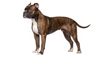 A brindle american bulldog with white markings on its chest and paws stands alertly in profile against a