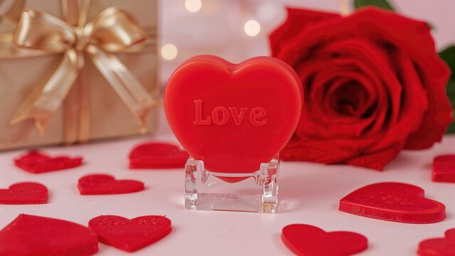Red heart wax pieces presented on a display stand