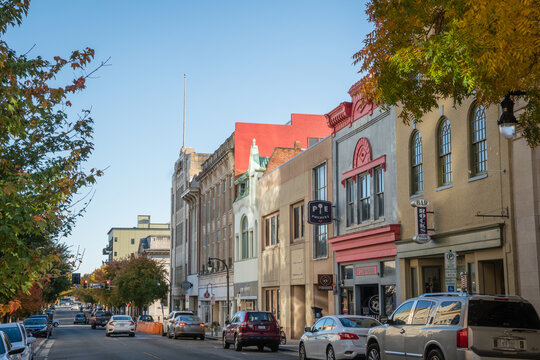Durham, NC, US-November 14, 2021: Downtown Durham in autumn with brilliant fall foliage.