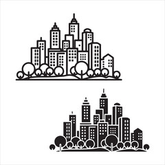 Obraz premium Stylized cityscape silhouettes with trees and buildings