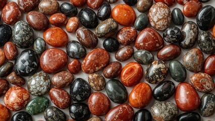 Fototapeta premium Collection of red jasper, black onyx, and green aventurine stones combined with sardonyx, hematite, onyx, and carnelian cabochons seen from above