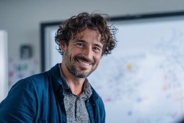Close-up of a smiling teacher engaging students in an online lesson, explaining concepts clearly while using a whiteboard in the background, showcasing interactive learning