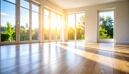 Sunlight streams into an empty room with large windows overlooking a garden
