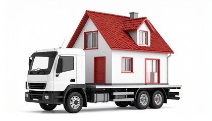 A white flatbed truck transports a small red-and-white house with vivid symmetry&mdash;its red roof and matching doors echo the theme of mobile shelter, while the unlikely pairing conjures surreal notions 