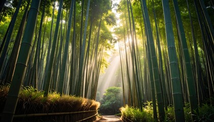 Sunlight streams through a dense bamboo forest