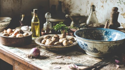 Rustic kitchen table with assorted vegetables and antique bowls.