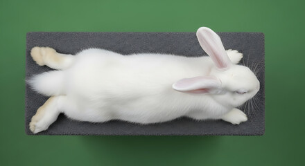 White rabbit lying supine on a dark gray platform against a green background.