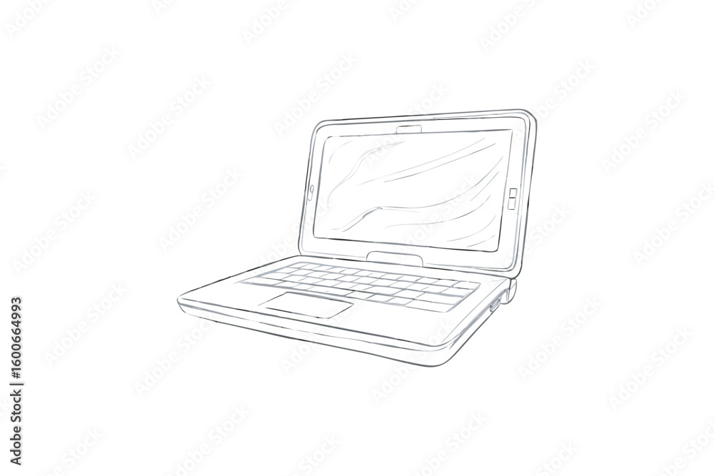 Fototapete sketch illustration of a laptop computer with open screen keyboard and touchpad isolated on white ba