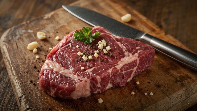 Raw T-bone beef steak accompanied by spices and a carving knife