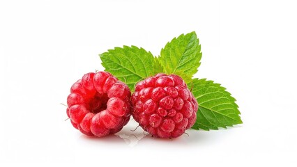 Isolated raspberries and green leaves on a white surface