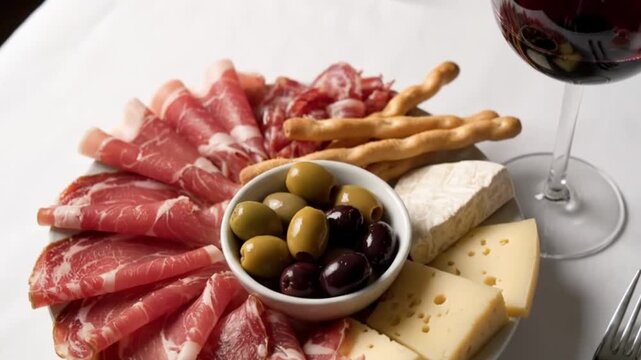 Charcuterie board with meats olives breadsticks cheeses and a glass of red wine on a white tablecloth