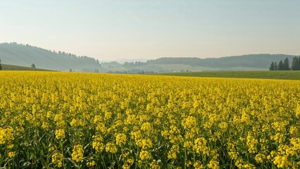 Obraz premium Yellow flowering rapeseed crops in a rural area