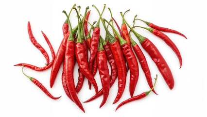 Red chili pods with attached stalks displayed on a plain white surface