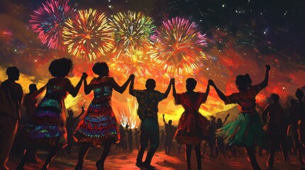 Joyful people dance together under a vibrant fireworks display, celebrating a festive night