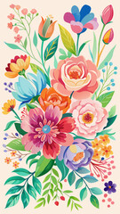 Vector art of a vibrant and colorful floral arrangement featuring a variety of blooming flowers and green leaves on a light background