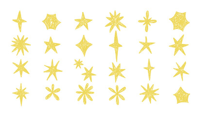 Yellow stars, hand drawing. Imitation of pastel brush star. Set of flat figures. Wax crayon, chalk elements. Grunge texture on white background