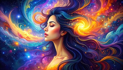 Obraz premium A woman with flowing hair merges with a vibrant, colorful cosmic galaxy.