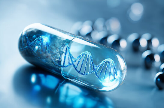 Capsule with DNA Strand Inside, Surrounded by Pills - Powered by Adobe