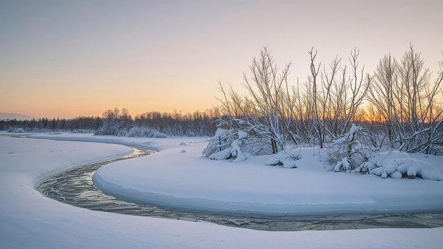 End of winter view featuring an ice-coated river and trees, horizontal perspective with empty space - Powered by Adobe