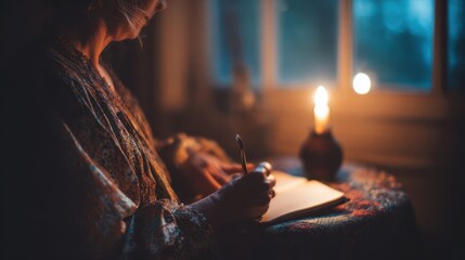 Person writing in a notebook by candlelight.