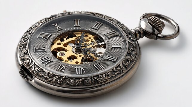 A detailed, antique pocket watch lies open, showcasing intricate internal gears and Roman numeral hour markers