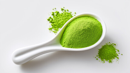 Elegant white porcelain spoon filled with bright green matcha tea powder, vivid chartreuse backdrop, pristine powder texture, zen-like simplicity, macro food photography, organic green tea.