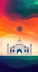 A majestic illustration of the Taj Mahal, set against a vibrant, abstract Indian flag backdrop