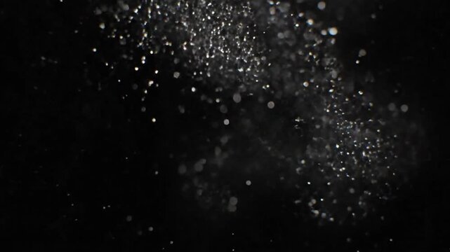 Natural organic dust particles floating on a black background. Dynamic motion with a mix of fast and slow drifting particles. Tiny white dust specs shimmer and glitter as they catch soft light