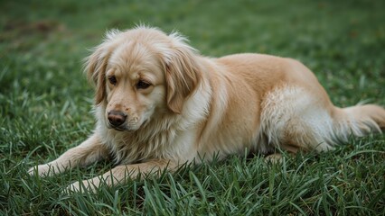 The pet reclines on the turf avoiding eye contact