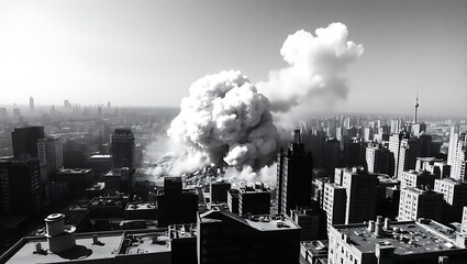 Black and white cityscape view with large smoke cloud rising above buildings on a sunny day scene