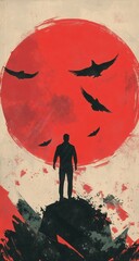 A lone man stands silhouetted against a large red sun, watched by circling birds, conveying a sense of solitude and contemplation