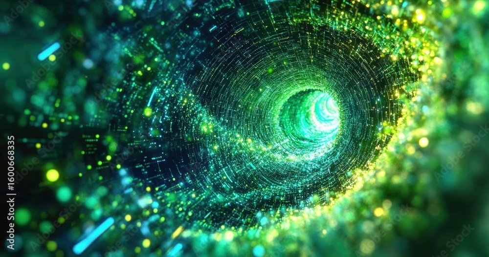 Poster a glowing, green and blue digital tunnel with a swirling vortex, filled with luminous particles and 