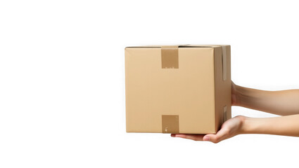 A pair of hands holds a closed brown cardboard box sealed with tape against a plain transparent