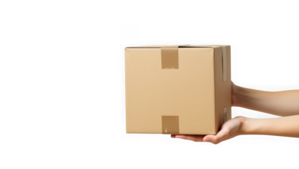 A pair of hands holds a closed brown cardboard box sealed with tape against a plain transparent